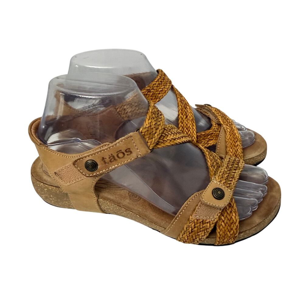 Taos Trulie Sandals Womens Size 6 Tan Woven Leather Straps Comfort Wedgep